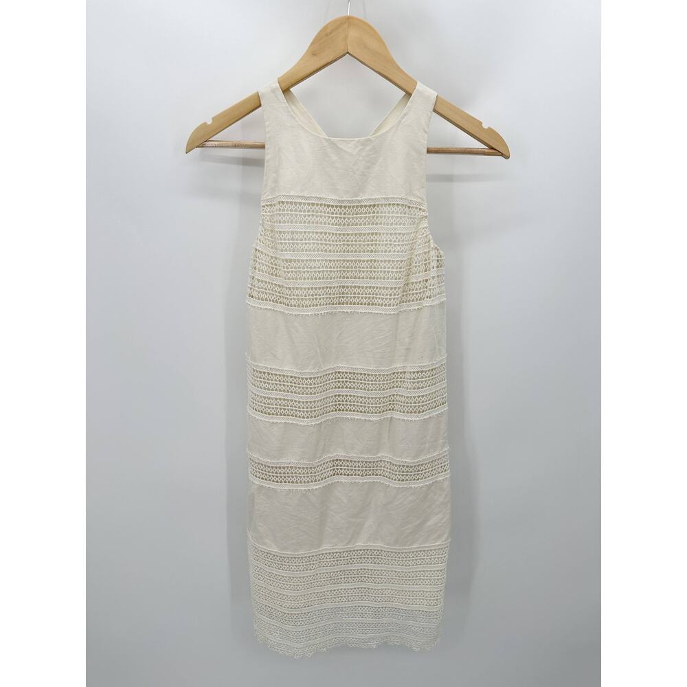 Ann Taylor LOFT Dress Womens 0 Cream Ivory Lace Stripe Sleeveless Linen‎ Blend